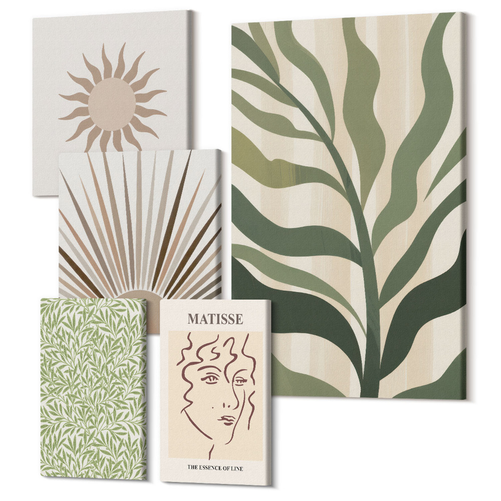 Öt részes vászonkép szett Stílusos grafika növényi motívumokkal és absztrakt mintákkal