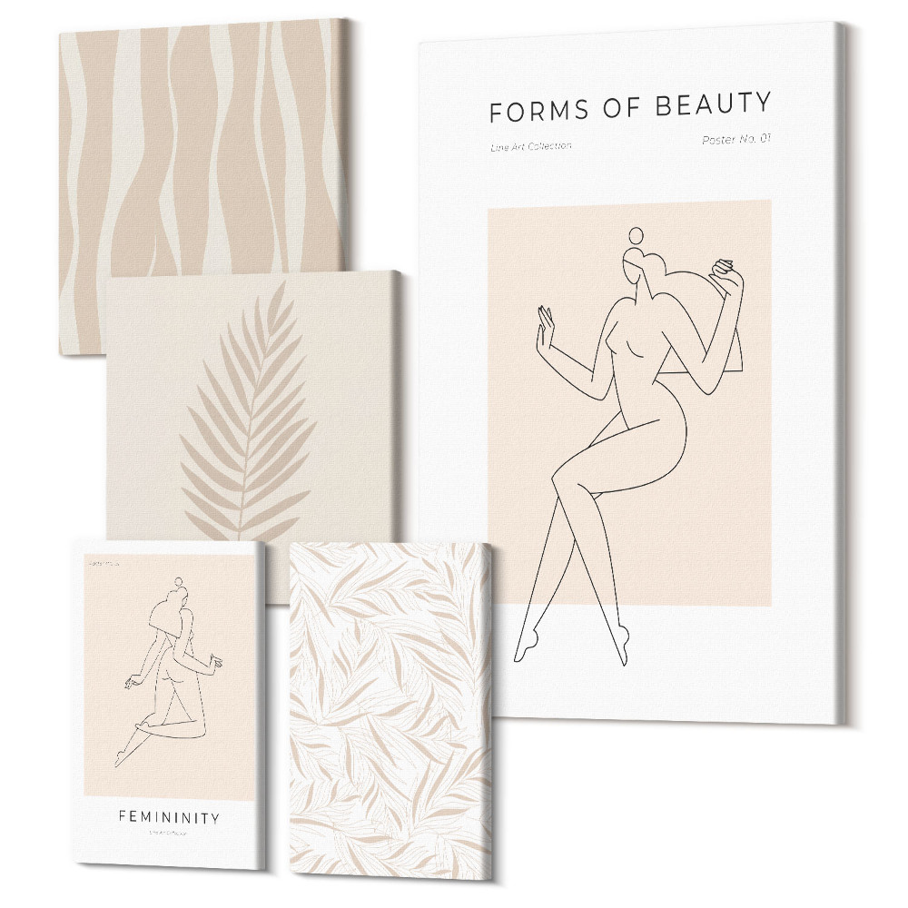 Vászonkép ötrészes Stílusos grafika nőies sziluettekkel és növényi motívumokkal