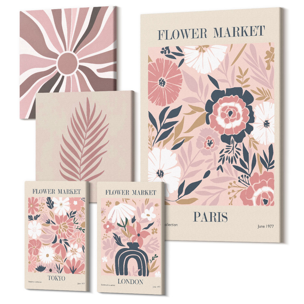 Vászonkép ötrészes Virágpiacok a világvárosokból, bohó stílusban