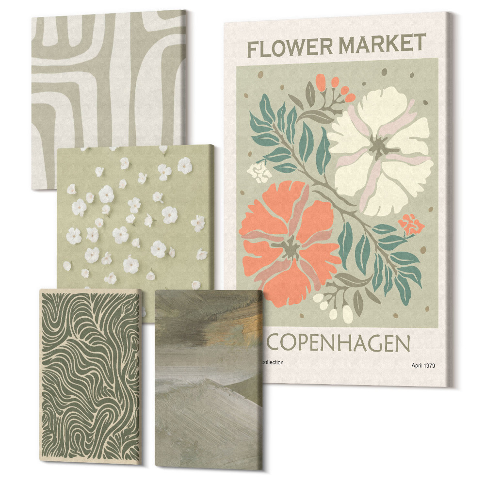 Öt részes vászonkép Növényi motívumok és absztrakt minták boho stílusban