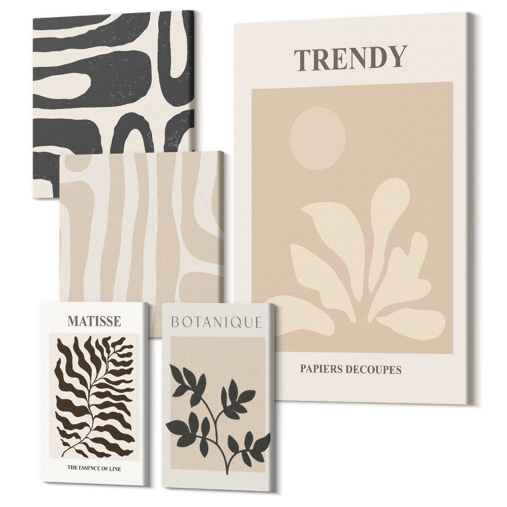 Öt részes vászonkép szett Stílusos növényi motívumok és geometrikus dekorációs formák