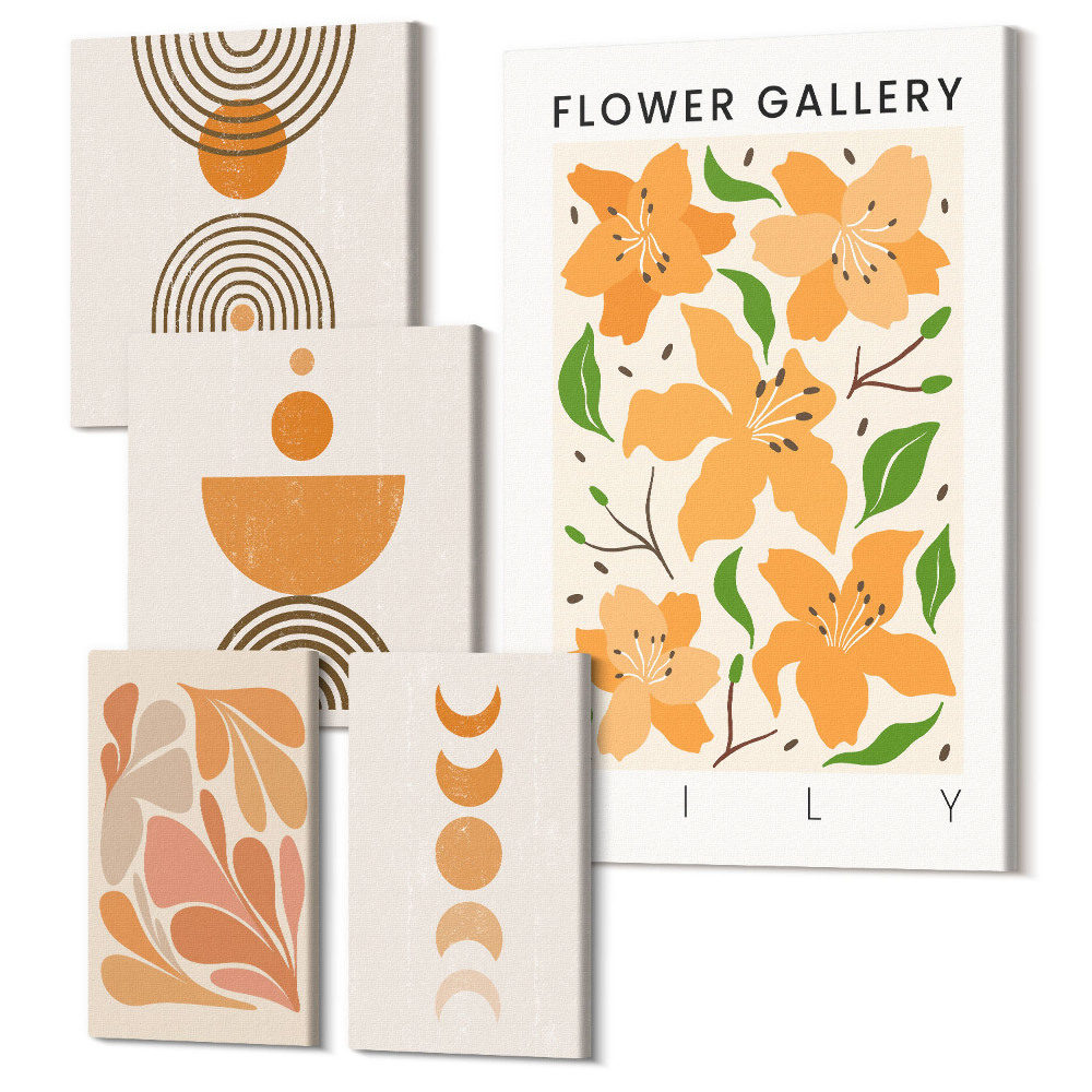 Öt részes vászonkép Stílusos grafika virágokkal és geometrikus mintákkal