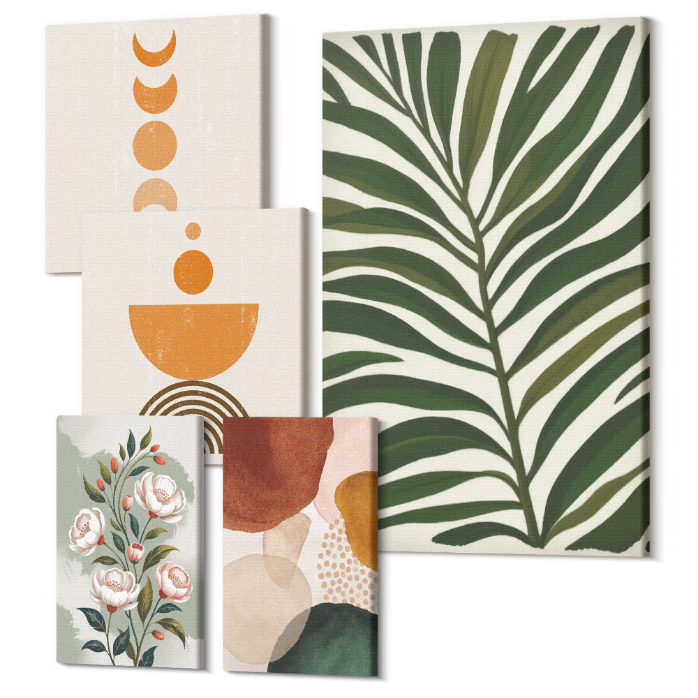 Vászonkép ötrészes Növényminták és absztrakt formák boho stílusban