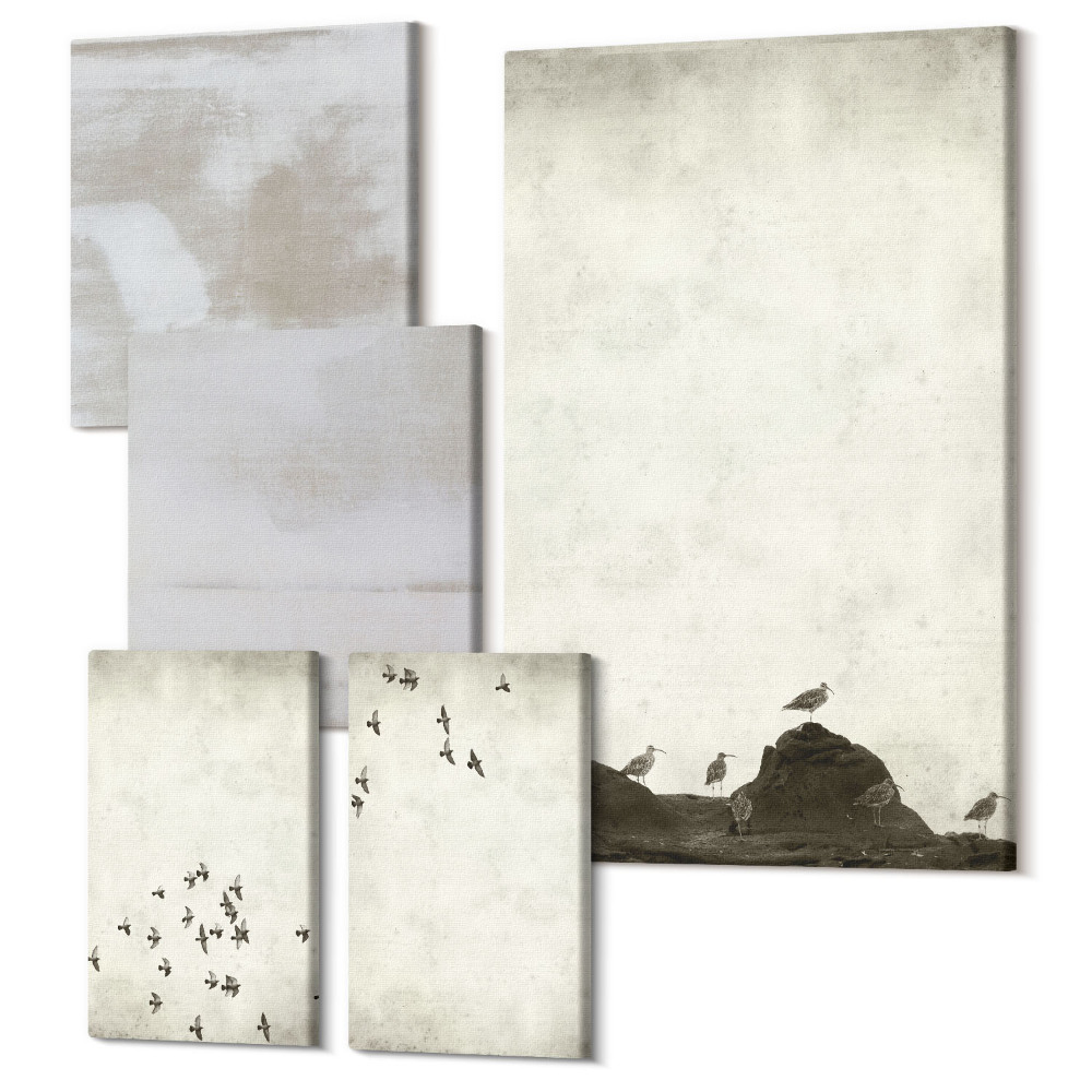 Vászonkép ötrészes Repülő madarak és bajba jutott textúrák minimalista stílusban