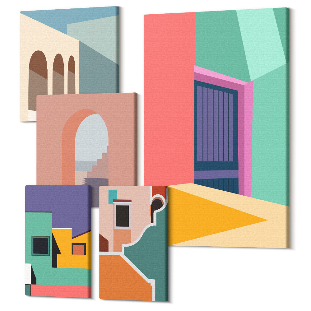 Öt részes vászonkép szett A város színes illusztrációi modern stílusban