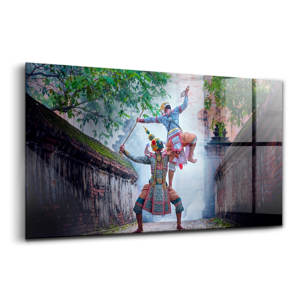 Egyedi üvegkép Thaiföldön táncoló maszkosok