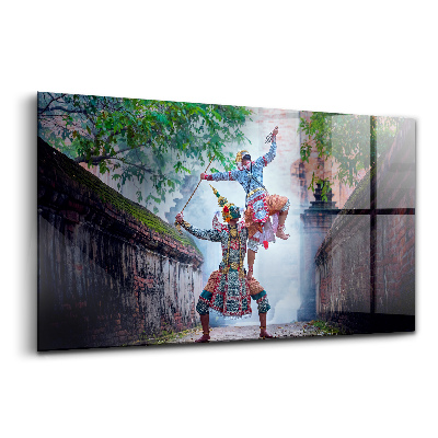 Egyedi üvegkép Thaiföldön táncoló maszkosok