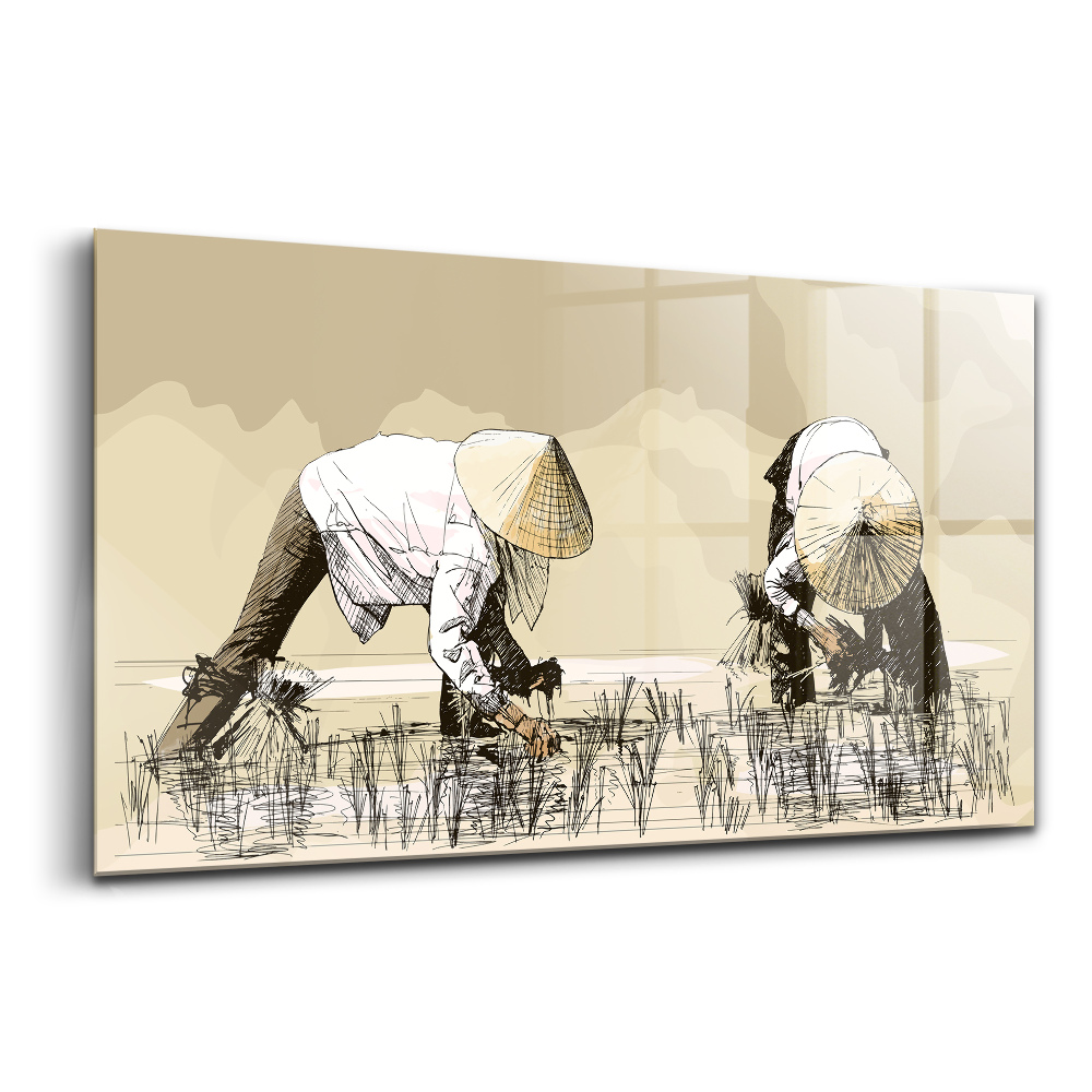 Üvegkép Két nő rizst szed Ázsiában