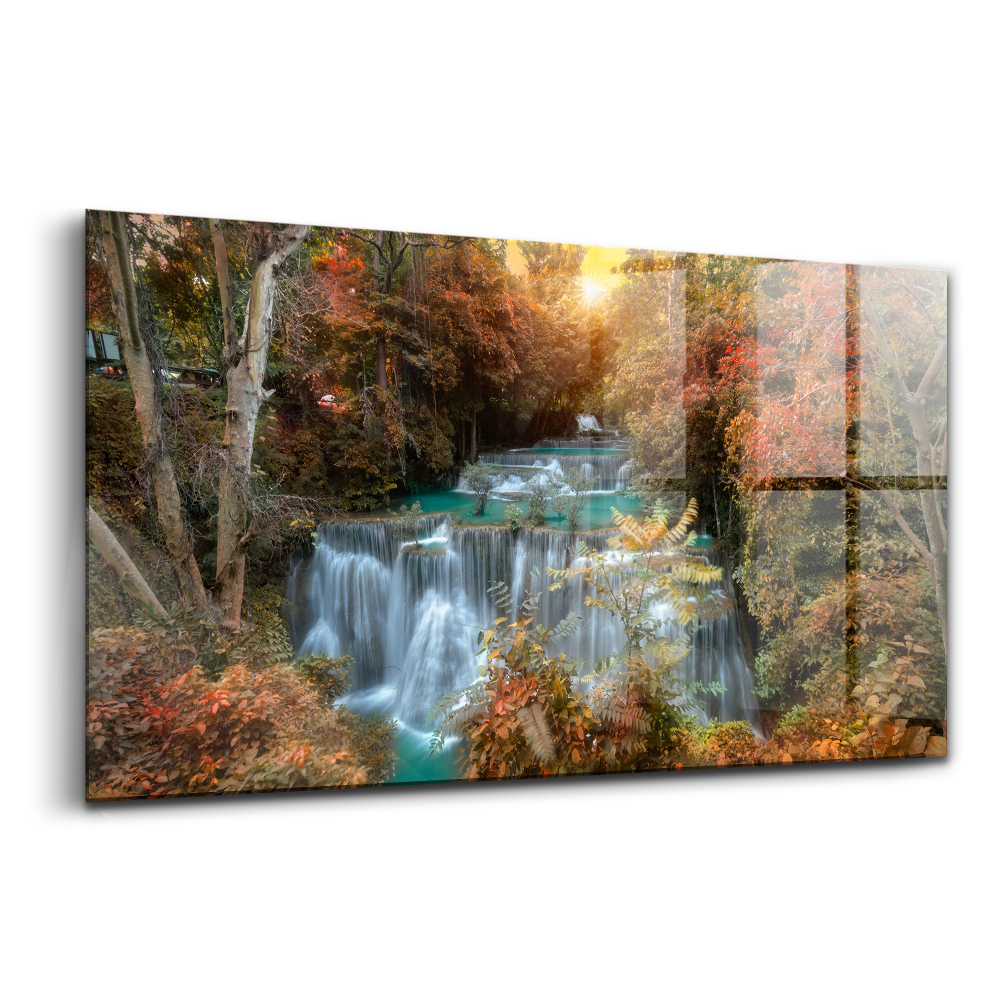 Egyedi üvegkép Naplemente egy vízesés felett