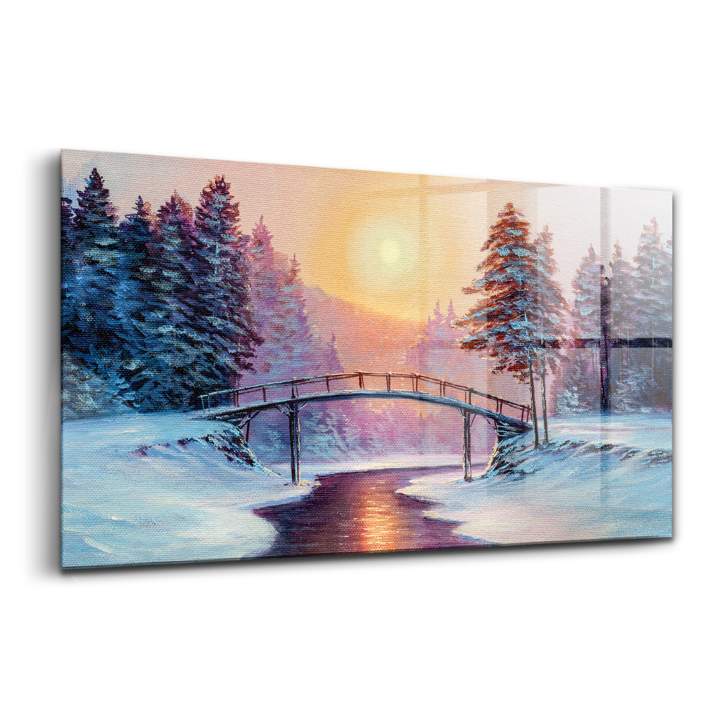 Üvegkép Festmény karácsonyfa havas híd