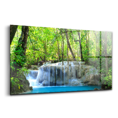 Üvegkép Tájkép egy vízesés egy erdei tóban