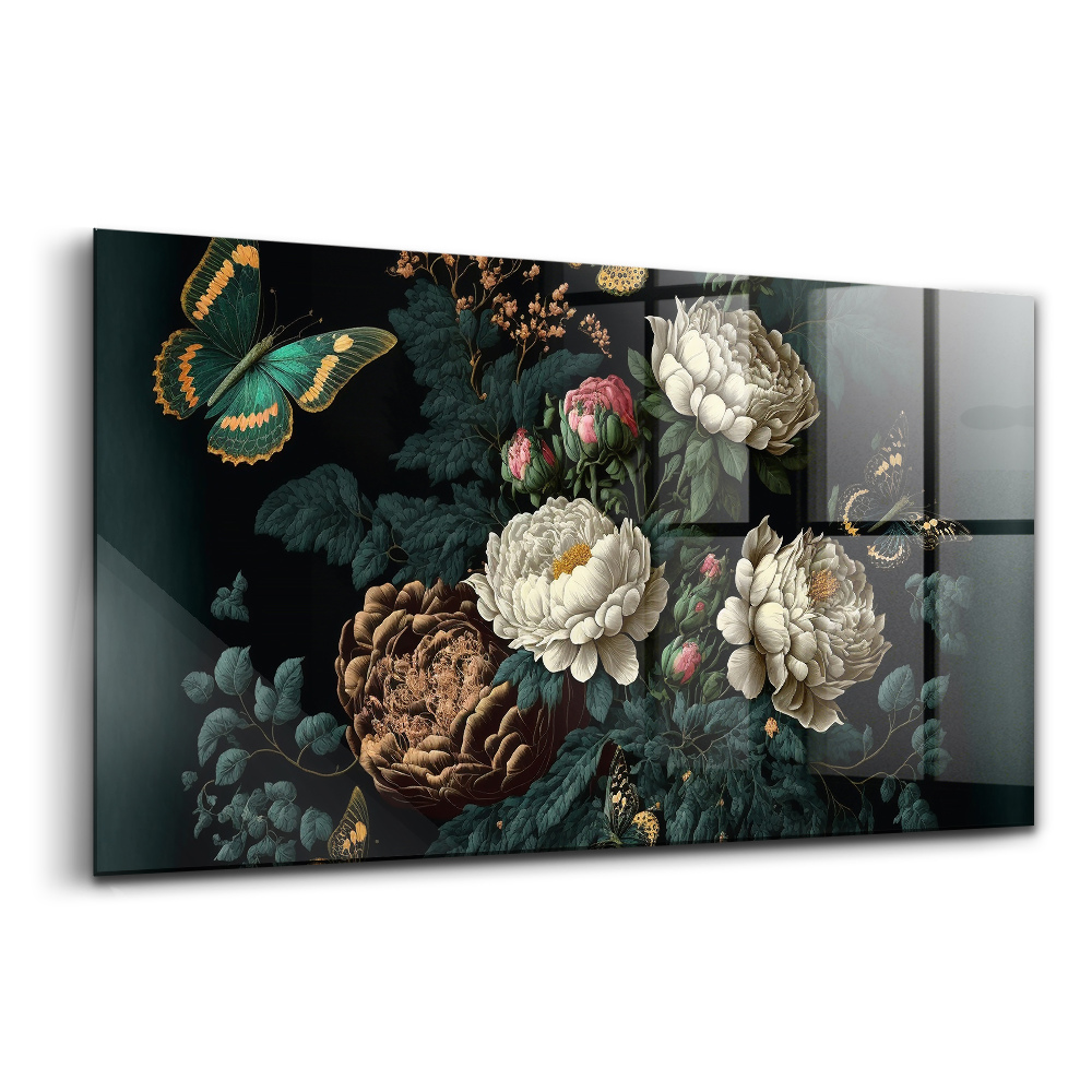 Üvegkép falra Botanikus virág arany pillangók