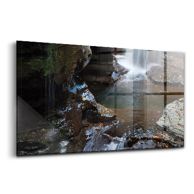 Üvegkép falra Vízesés a sziklák felett Izland
