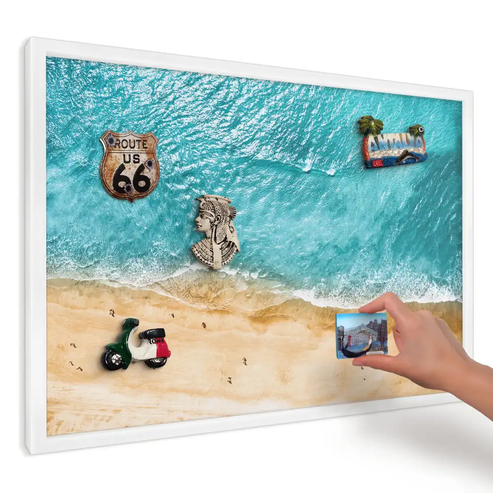 Türkizkék víz és strand mintás keretes fém mágnestábla