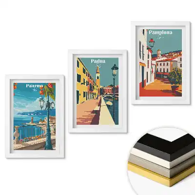 Keretezett kép szett Európai városok színes grafikákkal