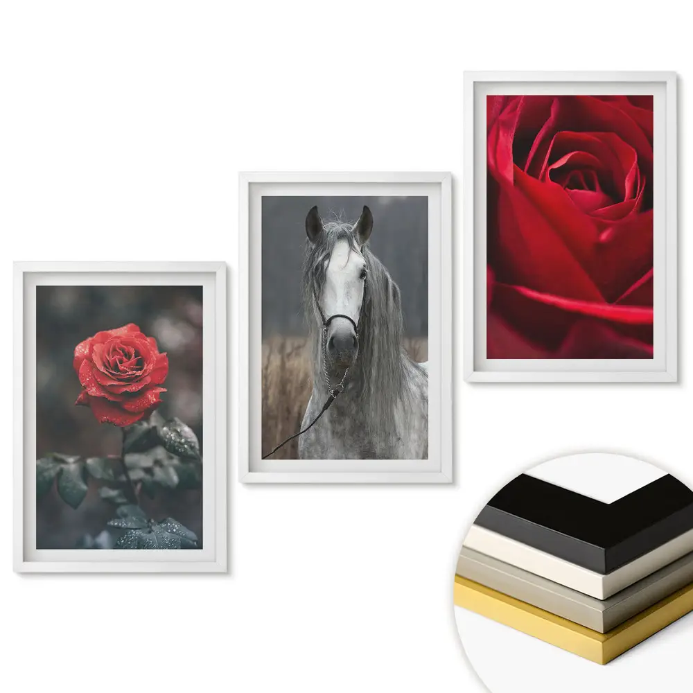 Virágok és ló mintás keretezett triptichon