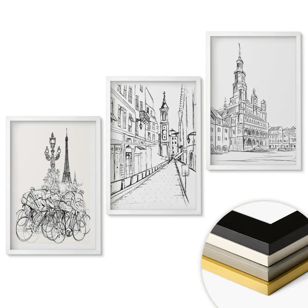 Városképes minimalista triptichon keretezett kivitelben