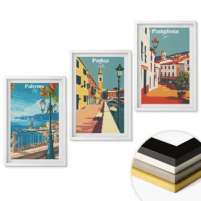 Keretezett kép szett Európai városok színes grafikákkal
