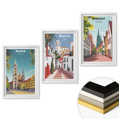 Keretezett triptichon Európai városok színes grafikákkal