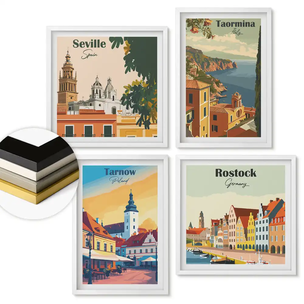 Többrészes keretezett kép Európai városok színes grafikákkal