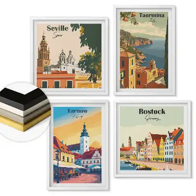 Többrészes keretezett kép Európai városok színes grafikákkal