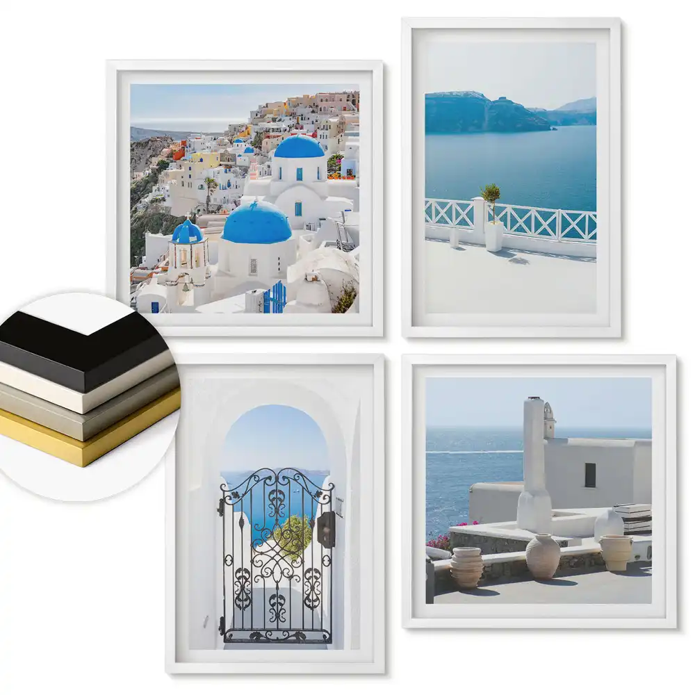 Santorini tájképeiből álló falikép összeállítás fehér keretben