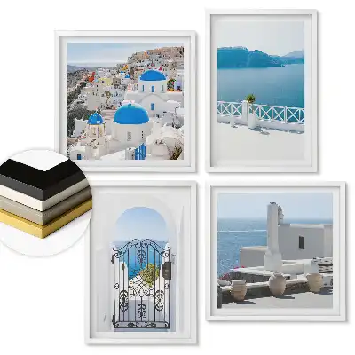 Santorini tájképeiből álló falikép összeállítás fehér keretben