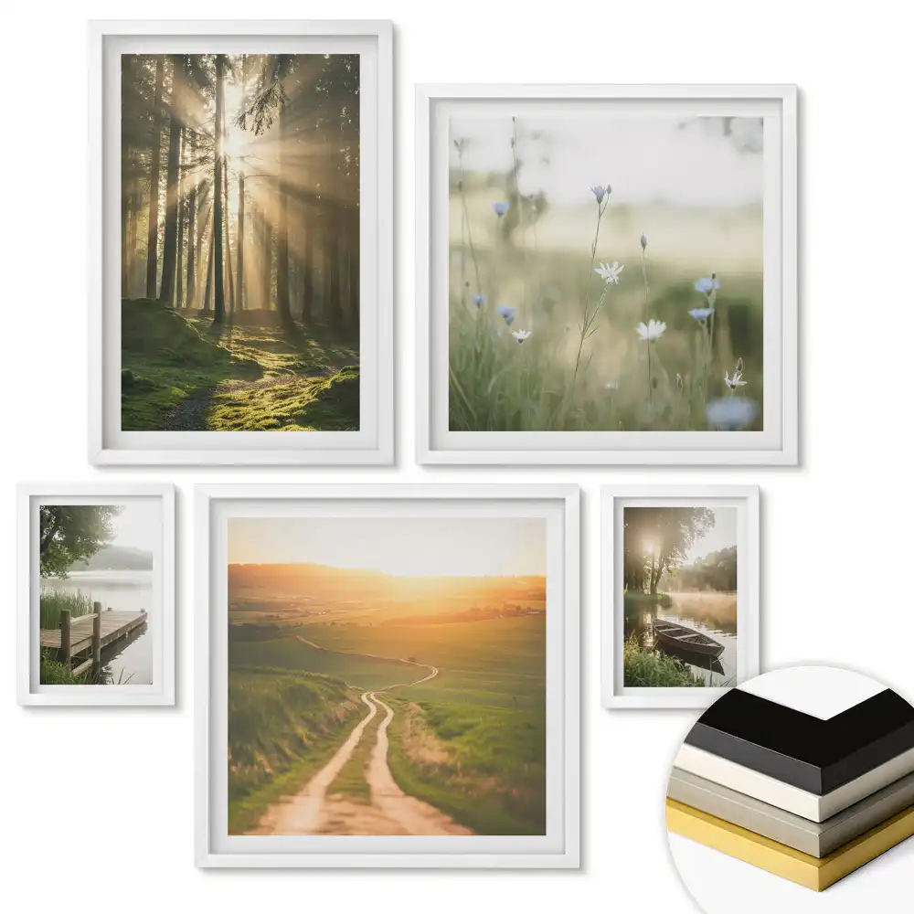 Többrészes keretezett kép Napsütötte gyümölcsök festői környezetben