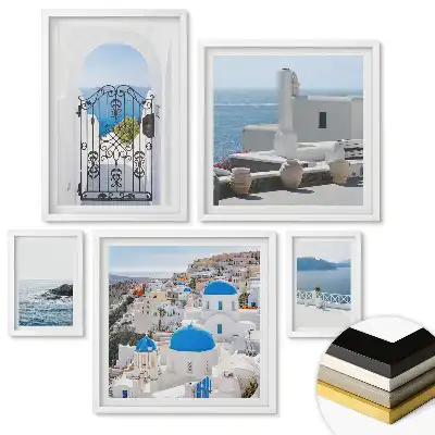 Többrészes keretezett kép Santorini tájképei fehér keretekben